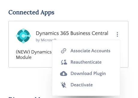 Connected Apps - three dots dropdown menu - select Reauthenticate Connected Apps - three dots dropdown menu - select Reauthenticate