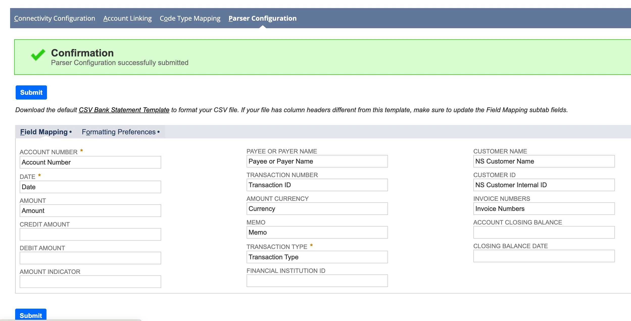 Confirmation - Parser Configuration successfully submitted Confirmation - Parser Configuration successfully submitted