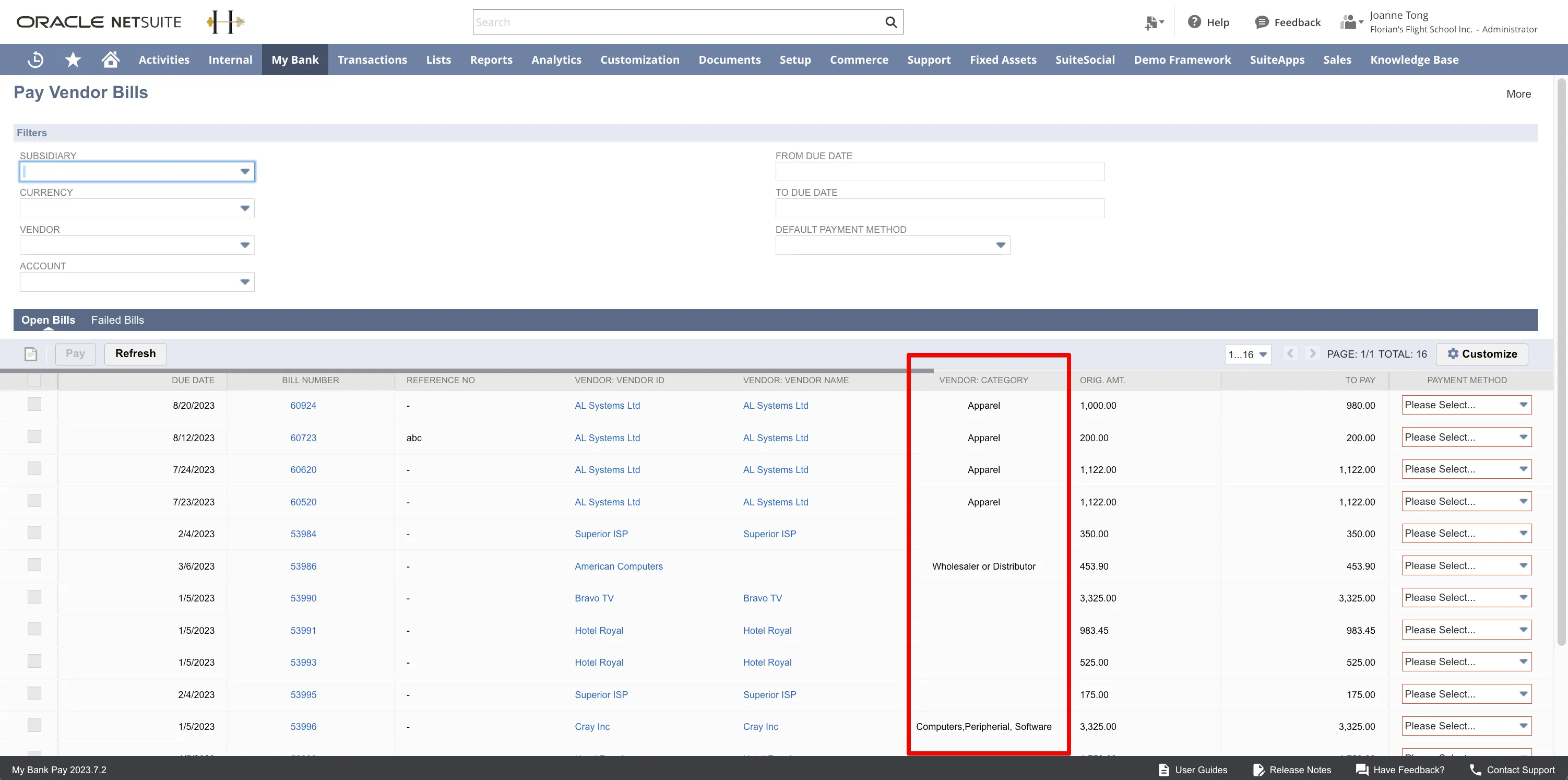 “Vendor: Category” now appears as a column in the specified position “Vendor: Category” now appears as a column in the specified position