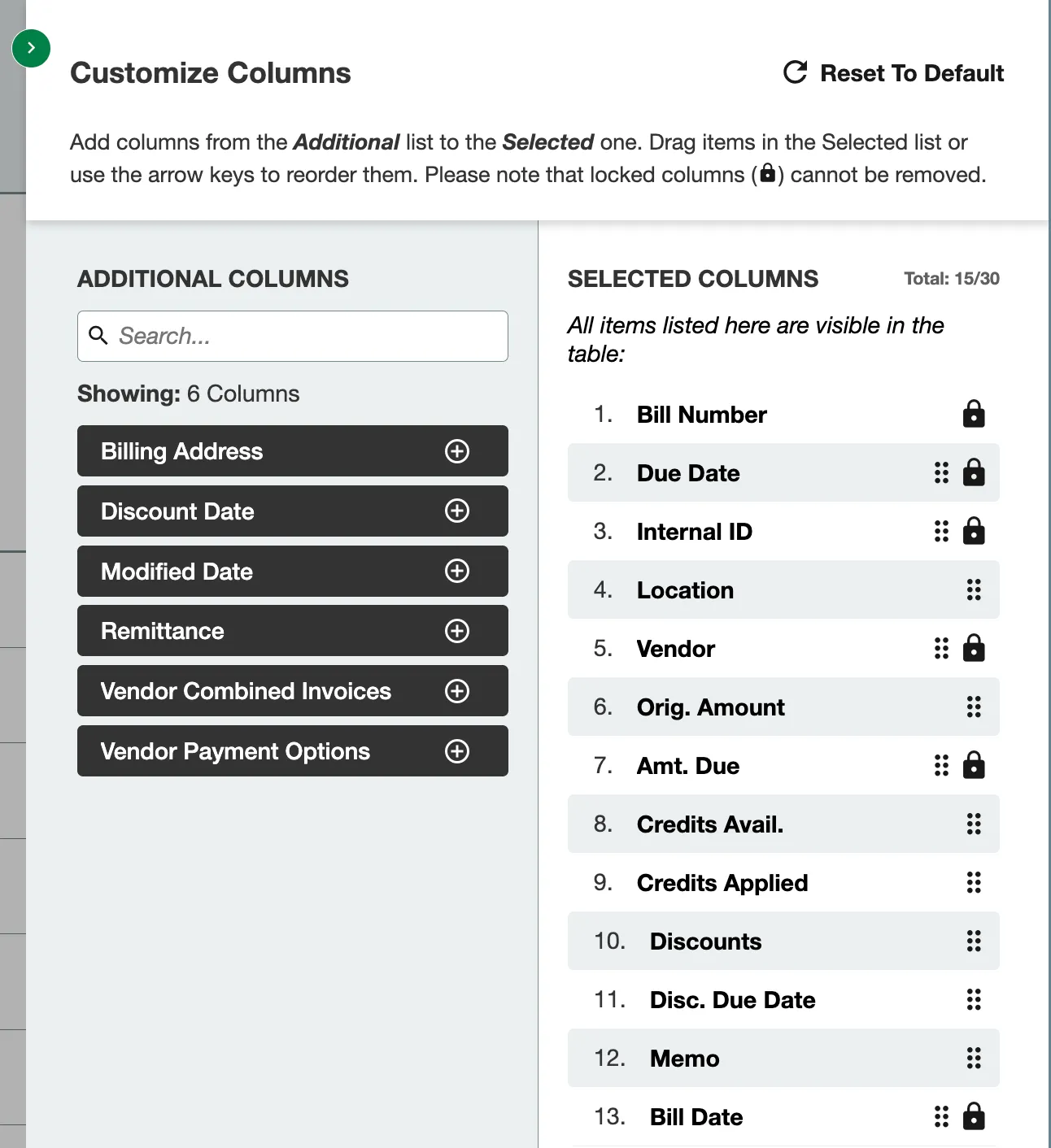 Customize Columns Panel Customize Columns Panel