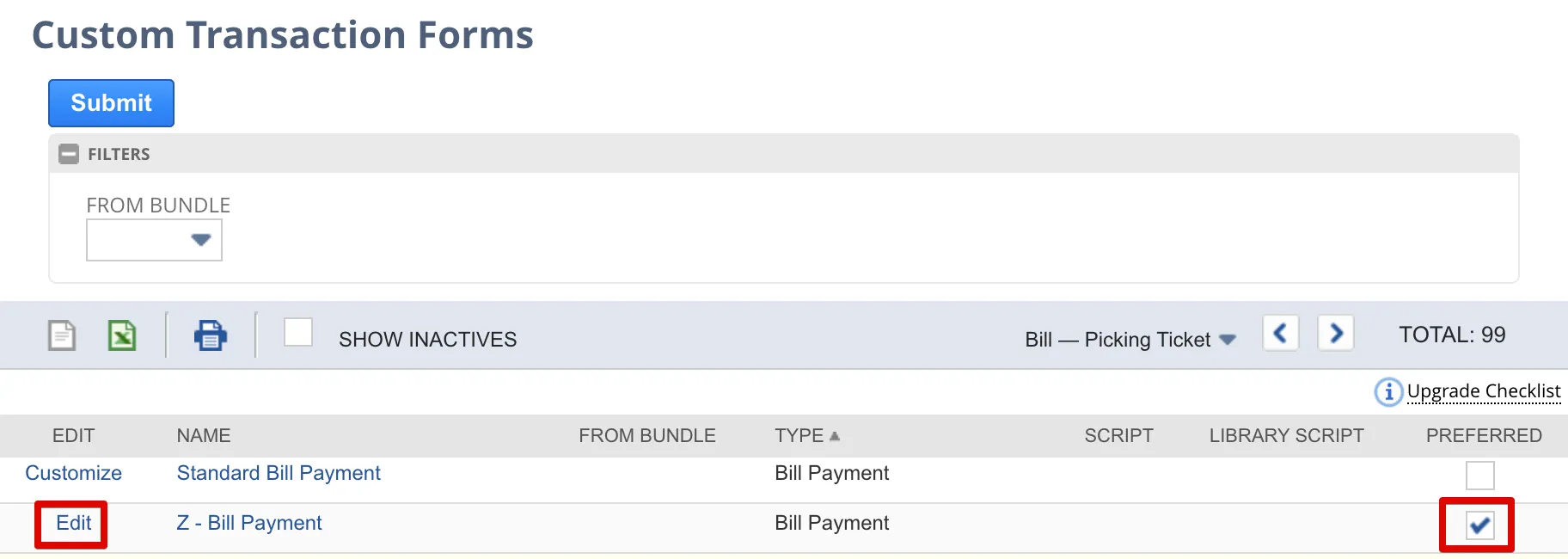 Click "Edit" on a "Preferred" Bill Payment form Click "Edit" on a "Preferred" Bill Payment form