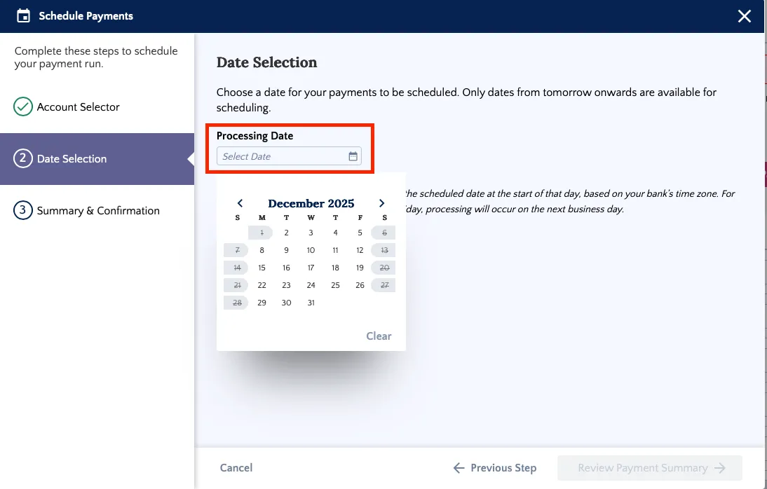 Select Processing Date for Payments
