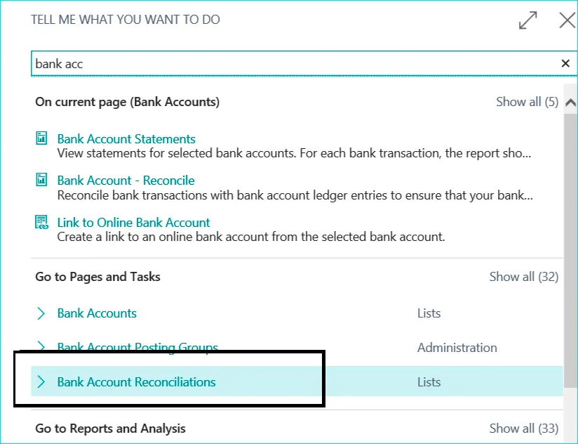 Select Bank Account Reconciliations Select Bank Account Reconciliations