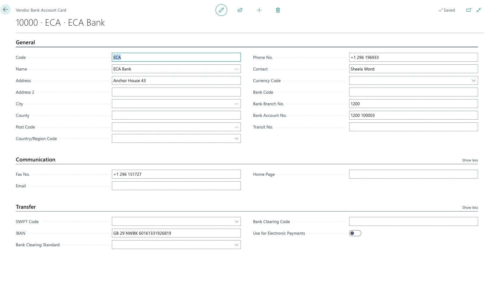 Vendor Bank Account Card