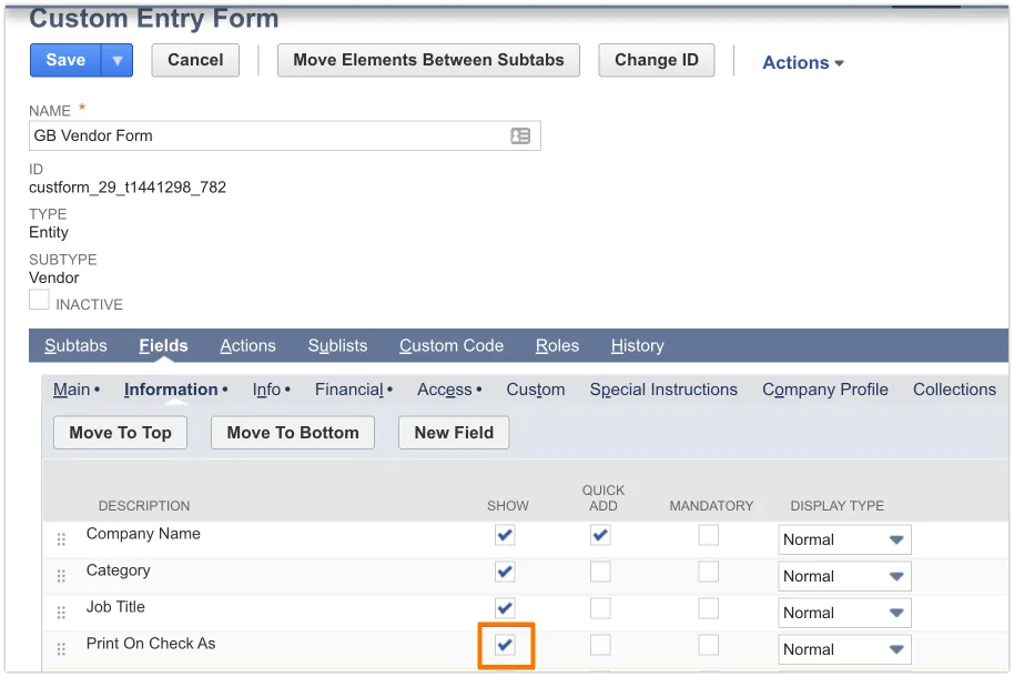 Ensure "Print On Check As" has "Show" enabled. Ensure "Print On Check As" has "Show" enabled.