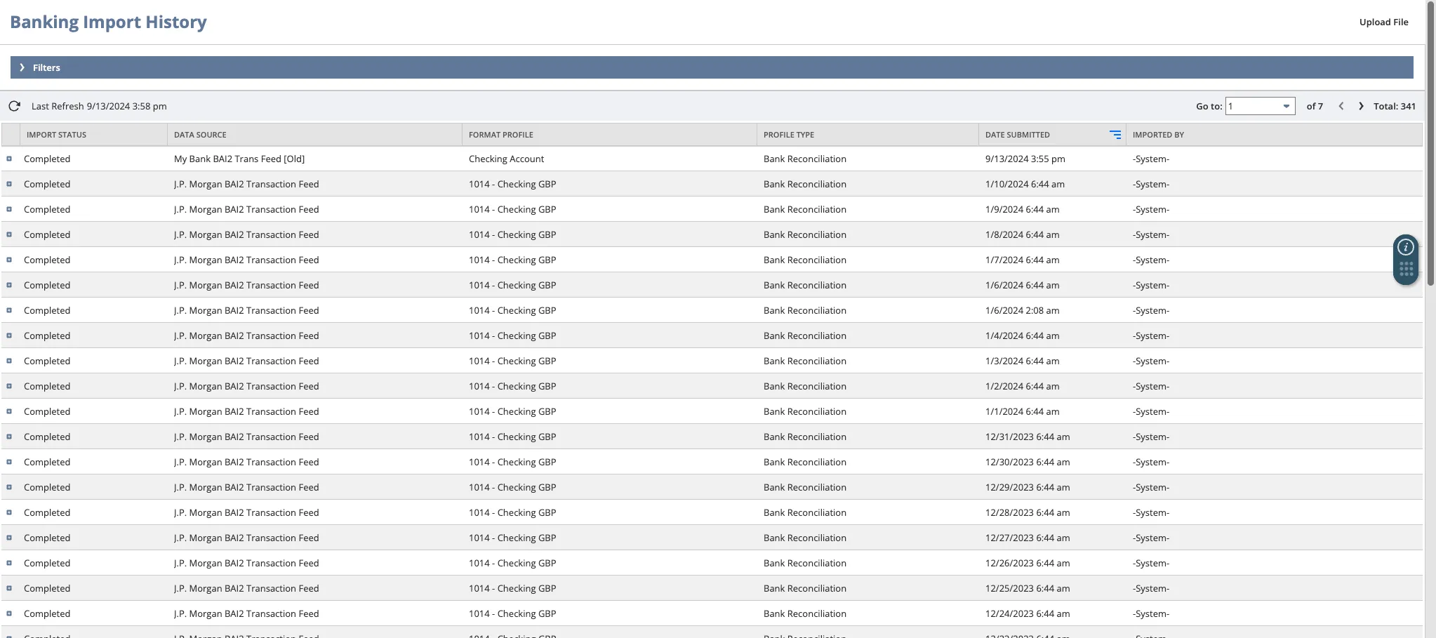 Banking Import History page with a Completed import