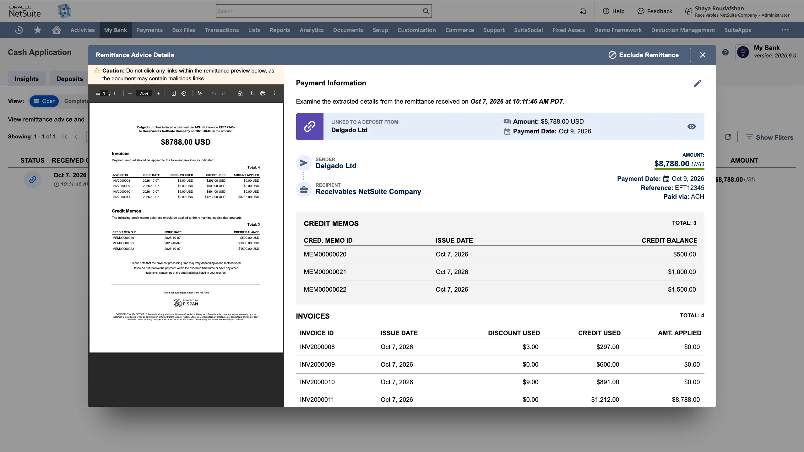 Credit memos data extracted from remittance Credit memos data extracted from remittance