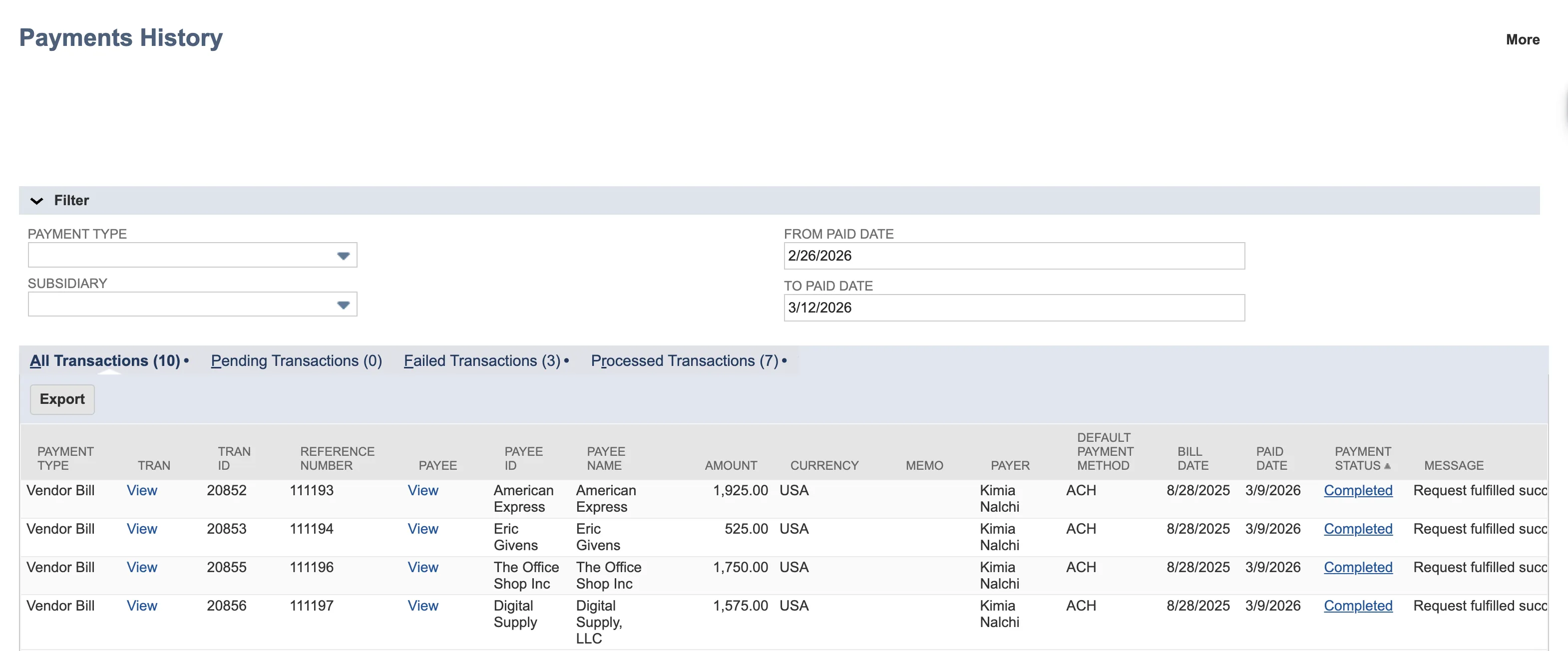 Payments History page Payments History page