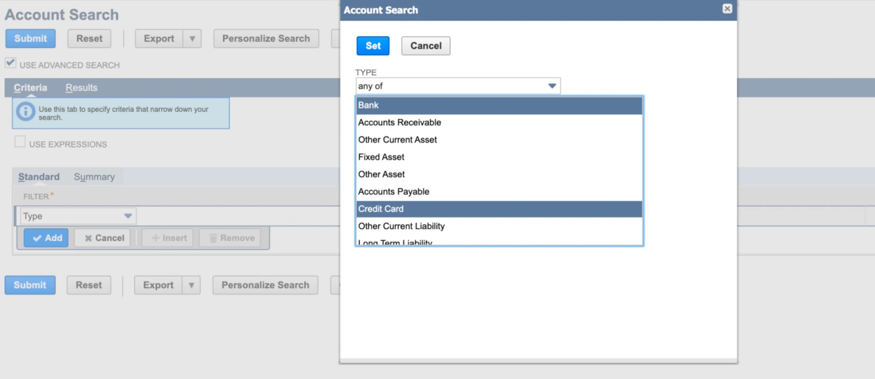 Select Bank and Credit Card from Type Drop-down Select Bank and Credit Card from Type Drop-down