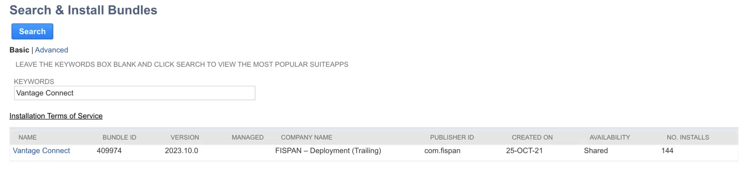 Enter keywords "Vantage Connect" and click Search button to find the bundle