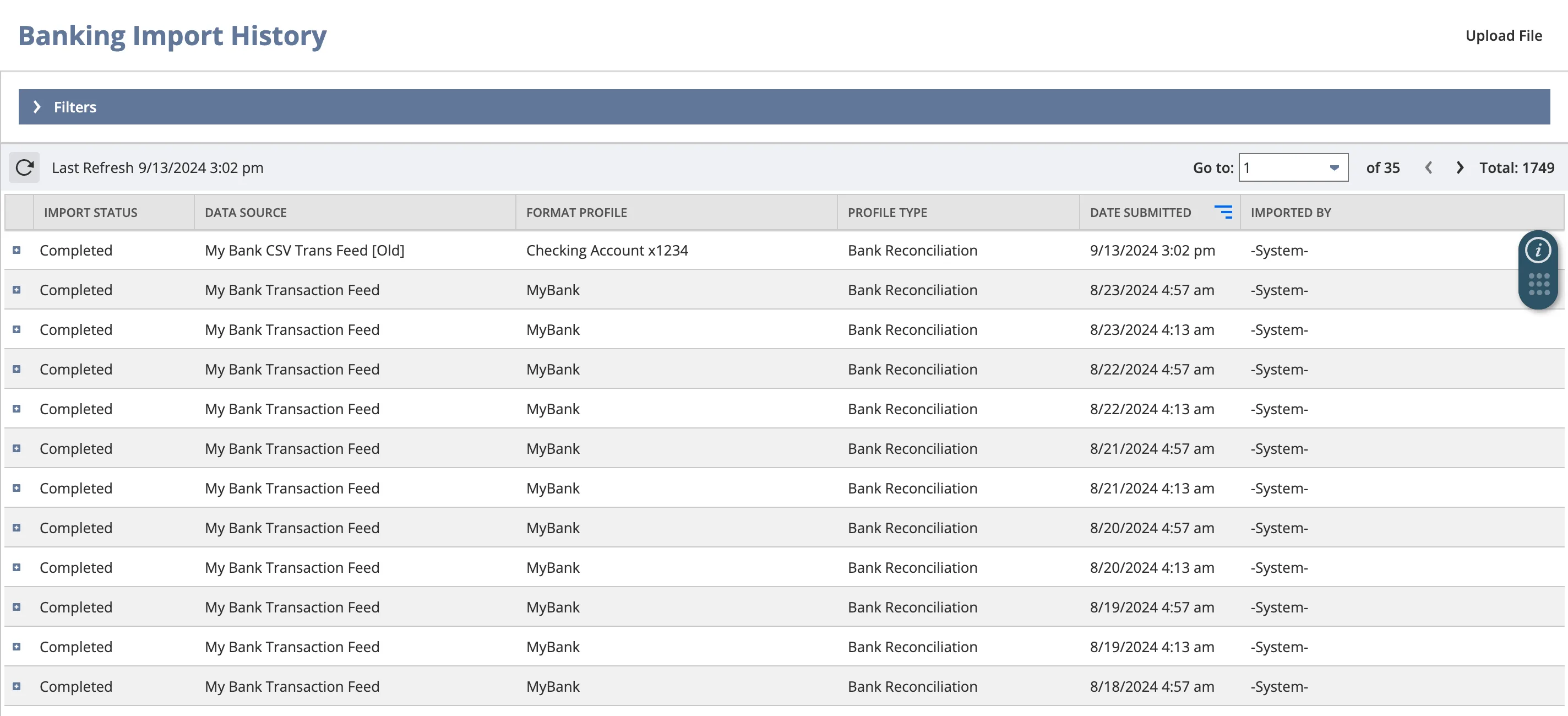 Banner Import History page with a Completed import Banner Import History page with a Completed import