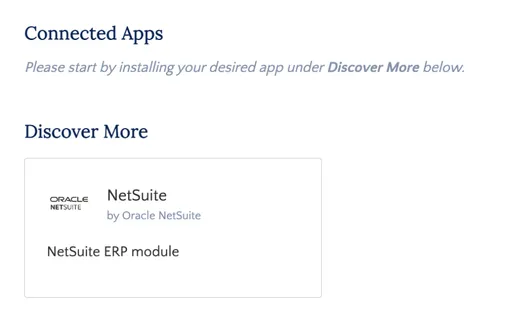 NetSuite message box with Icons listing connected apps and others grouped under Discover More NetSuite message box with Icons listing connected apps and others grouped under Discover More