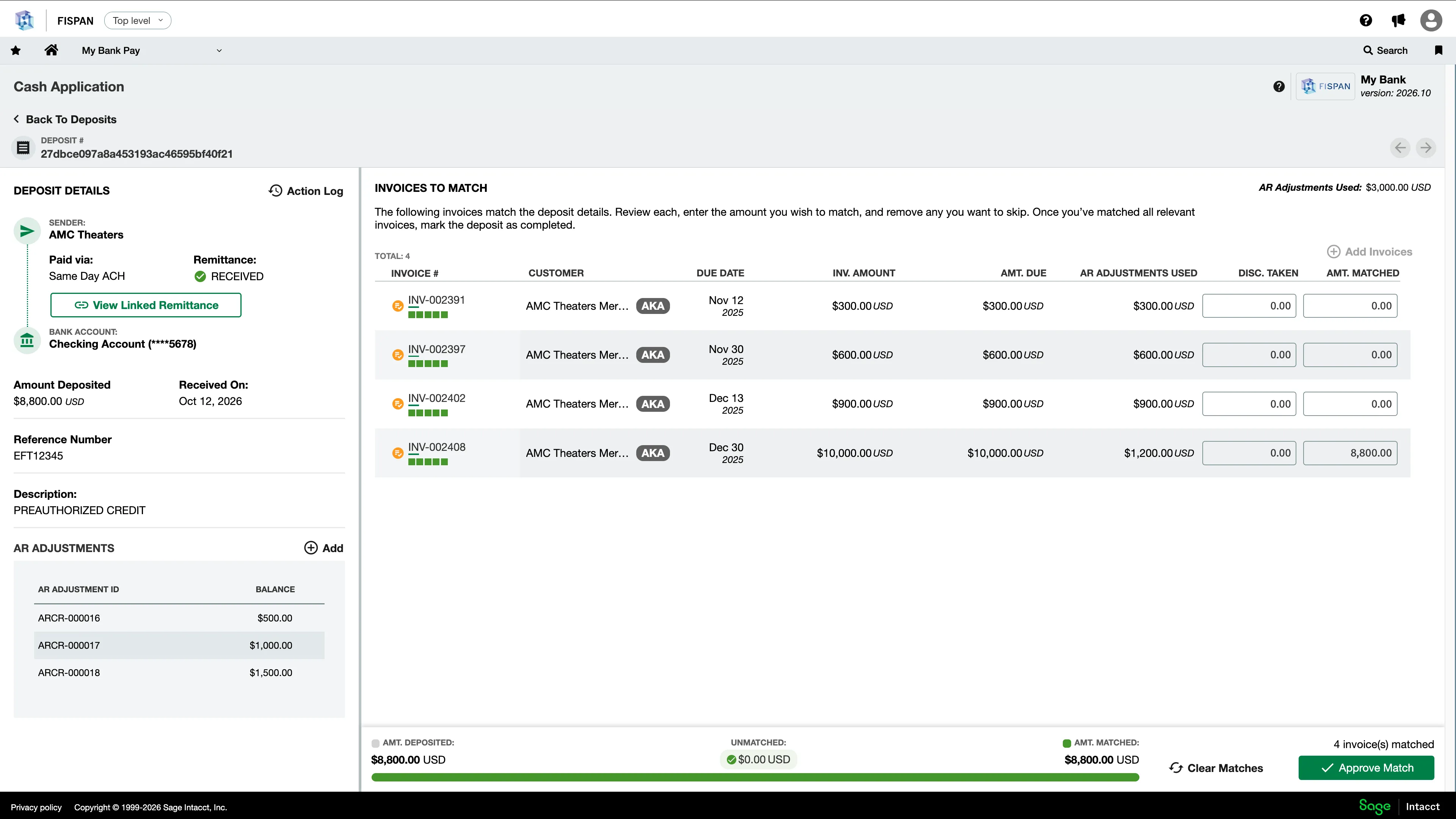 Deposit details with matched AR adjustments Deposit details with matched AR adjustments