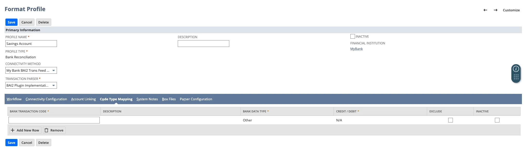 Code Type Mapping tab on a Format Profile Code Type Mapping tab on a Format Profile