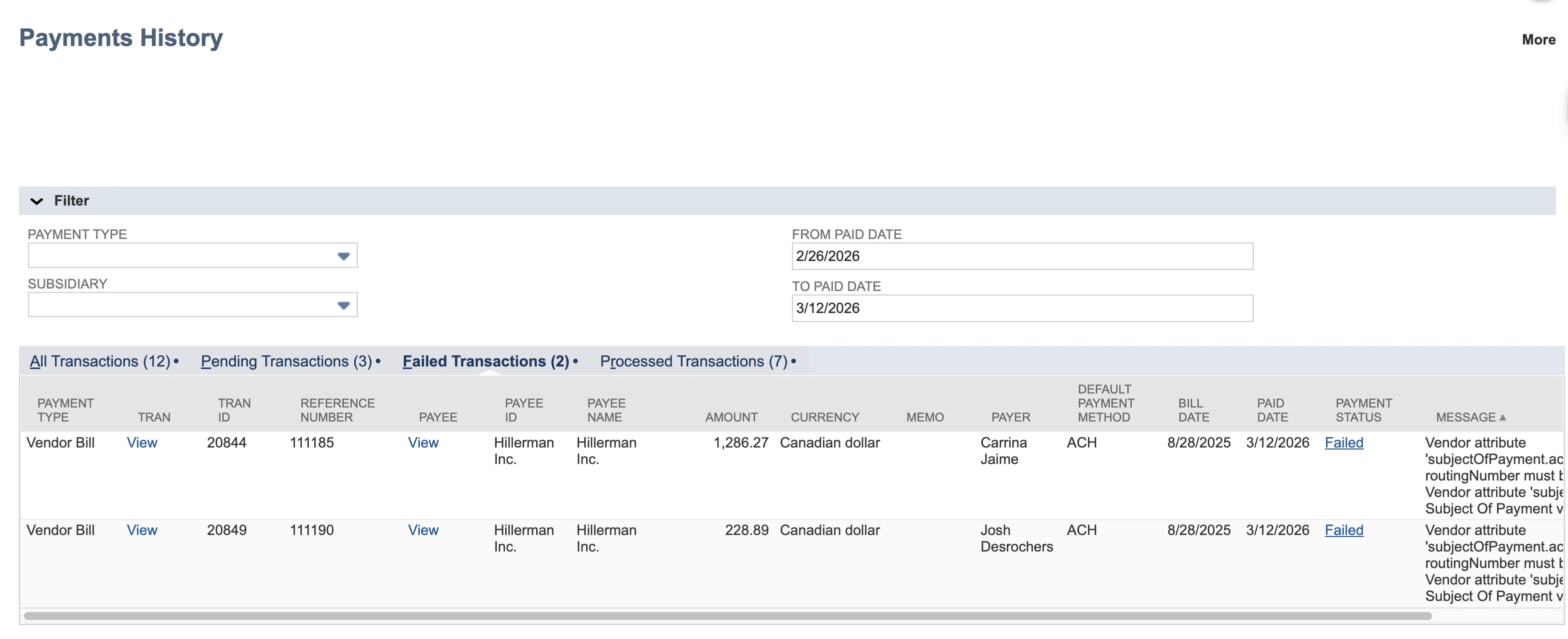 View Payment History - Failed View Payment History - Failed