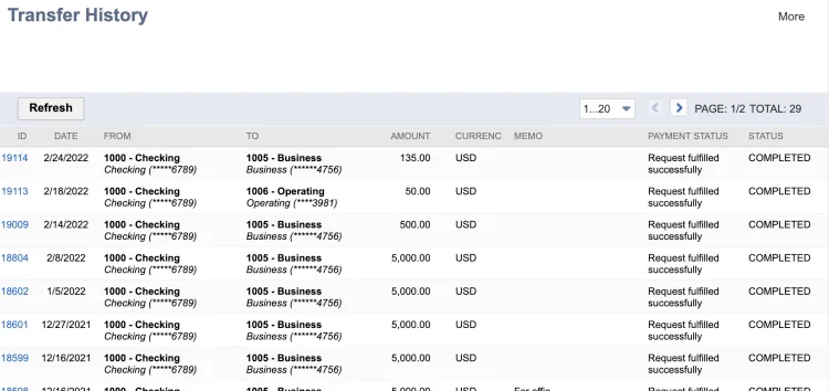 Transfer History Page Transfer History Page