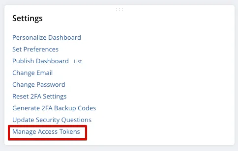 Select Manage Access Tokens on Settings Select Manage Access Tokens on Settings