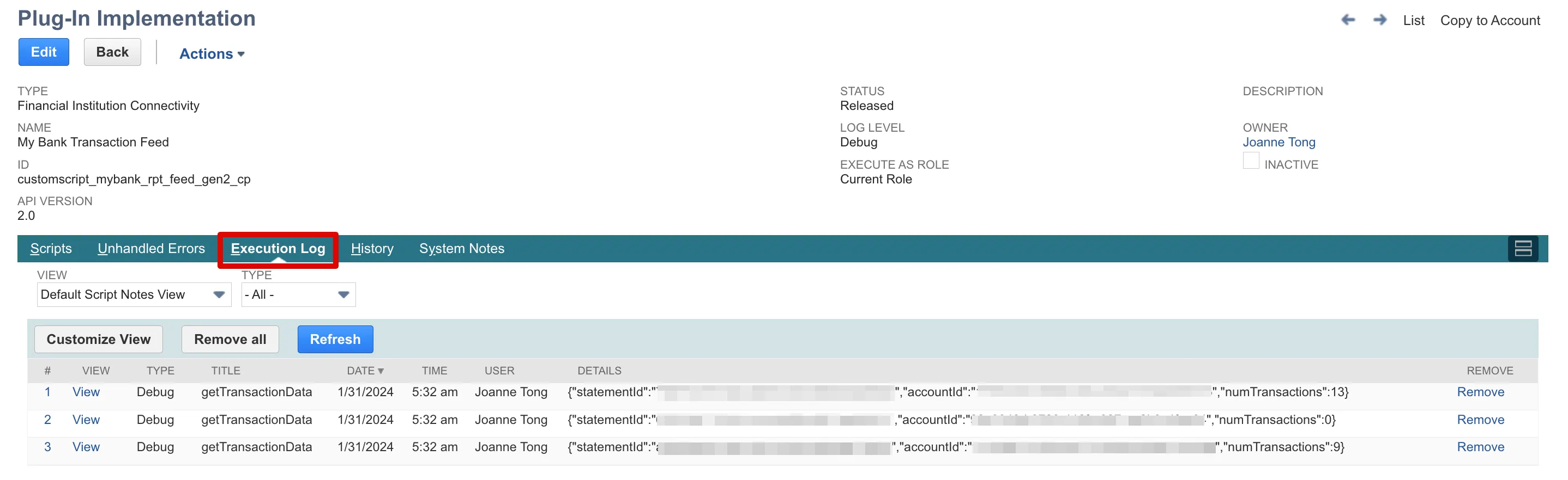 Connectivity Method (Financial Institution Connectivity) Execution Logs