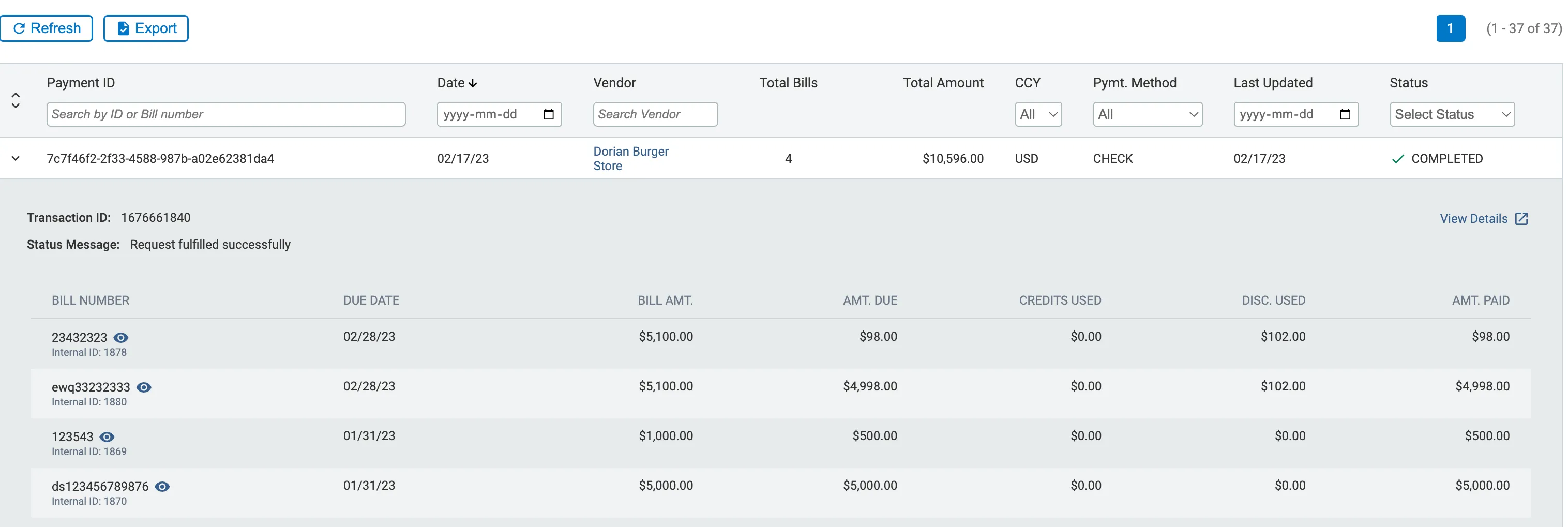 History Page for Grouped Bills
