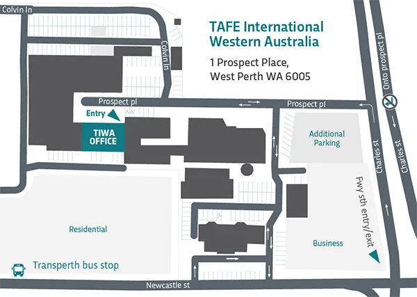 Map showing TIWA office location on Prospect Place, off Charles Street