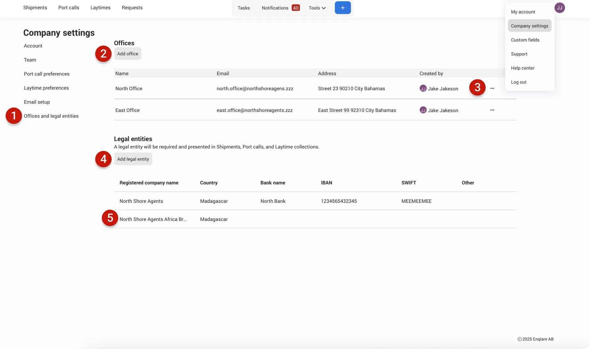 Company settings page