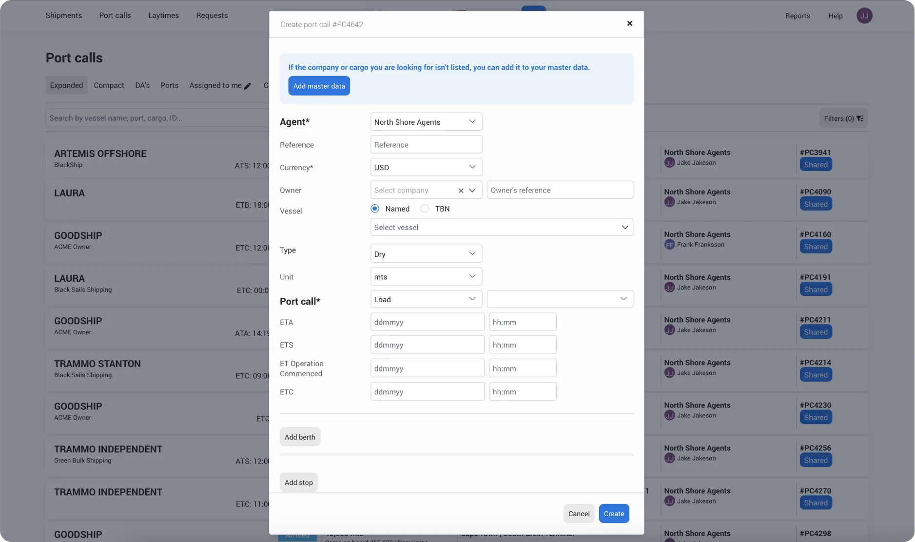 Create Port call popup
