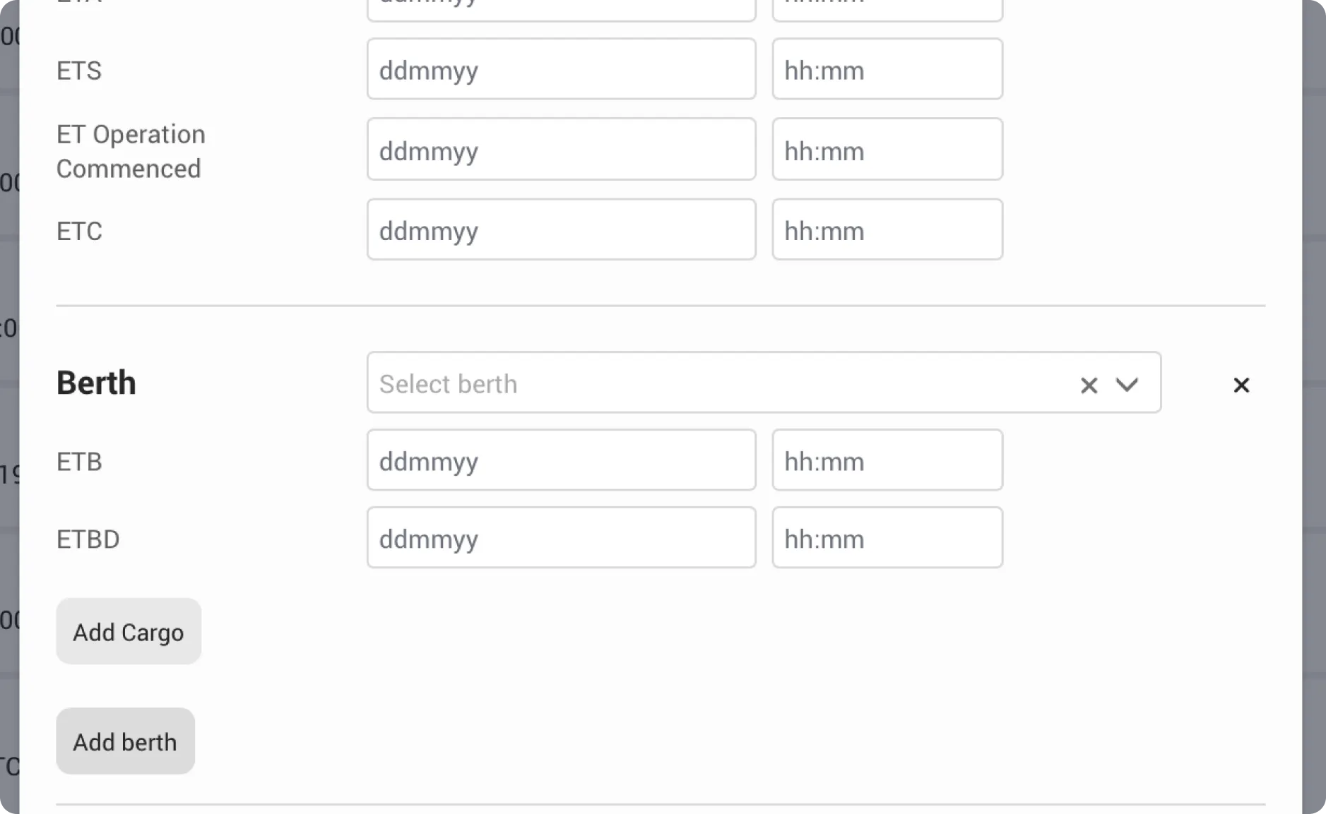 Create Port call popup