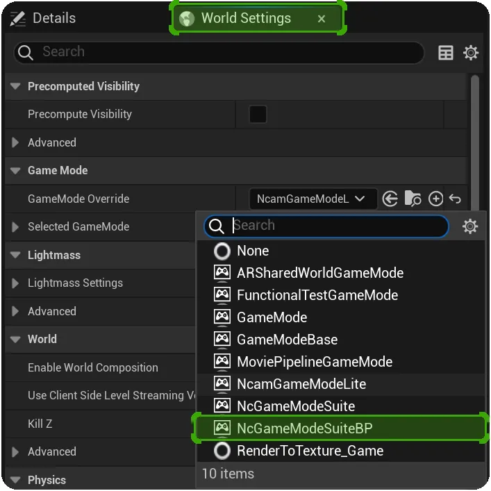 Use the NcGameModeSuiteBP game mode when using Ncam AR Suite