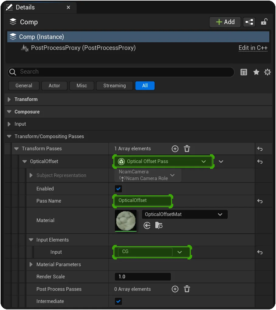 Add the Optical Offset Pass to the list of Transforms. Ensure that it's input is the CG