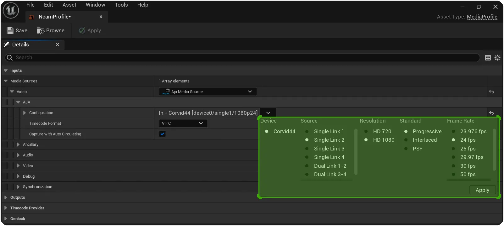 Illustrates the configuration of an AJA SDI card to use the input video from it's second video port connection "Single Link 2" Illustrates the configuration of an AJA SDI card to use the input video from it's second video port connection "Single Link 2"