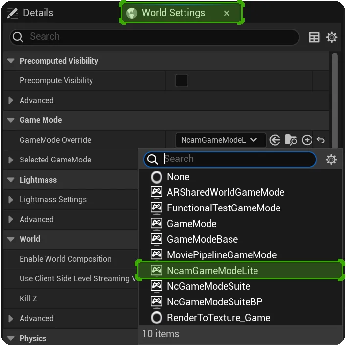 Use the NcamGameModeLite game mode when using Ncam AR Suite Lite