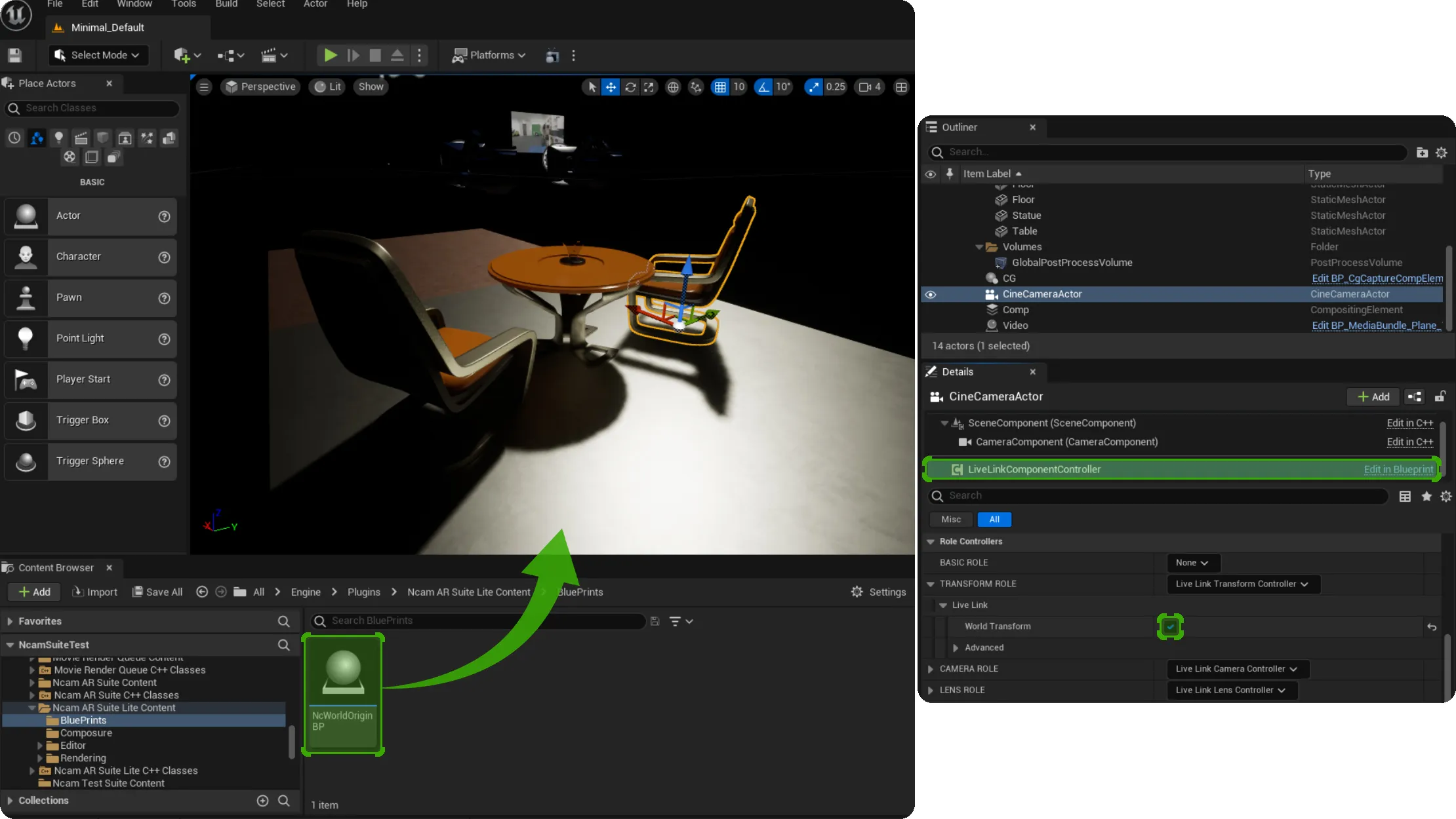 Drag an NcWorldOriginBP into the scene to offset the camera tracking data and ensure that the camera's transform role has it's "World Transform" enabled