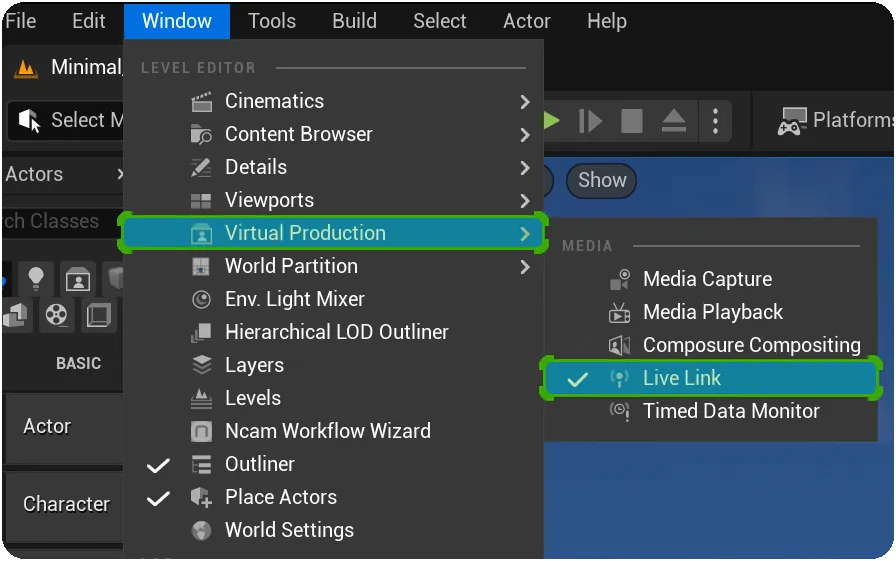 LiveLink can be found under the Virtual Production Windowmenu