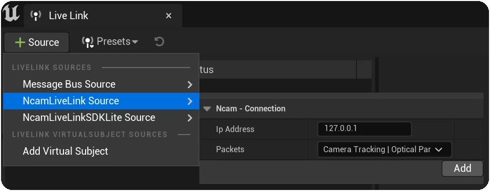 The NcamLiveLink Source Connection Parameters