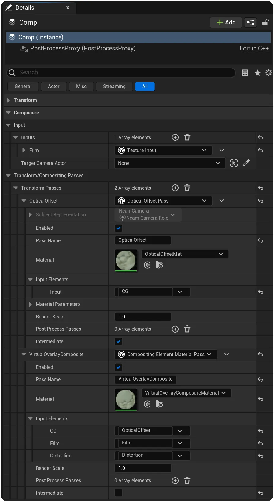 The complete list of transform/compositing passes and their configuration