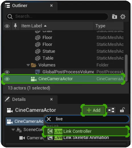 Add a Live Link Controller to the Cine Camera Actor