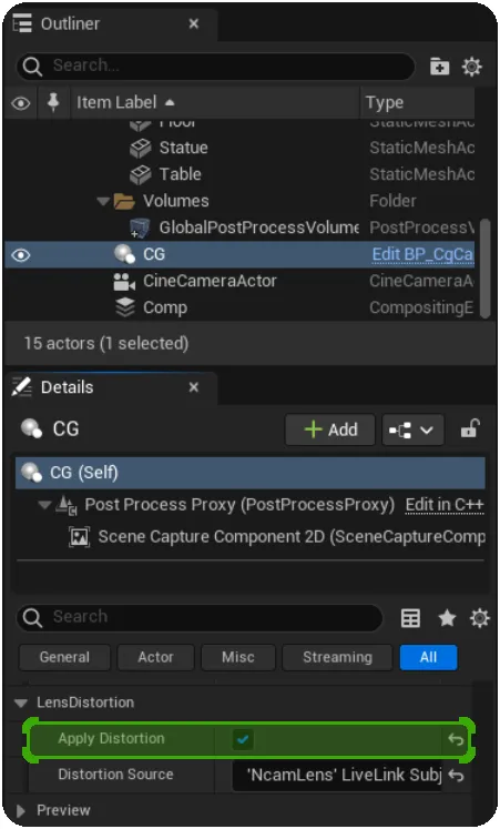 Enable lens distortion on the CG layer Enable lens distortion on the CG layer