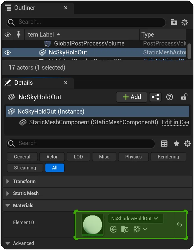 Change the hold-out material to be "NcShadowHoldOut" to resolve the issue