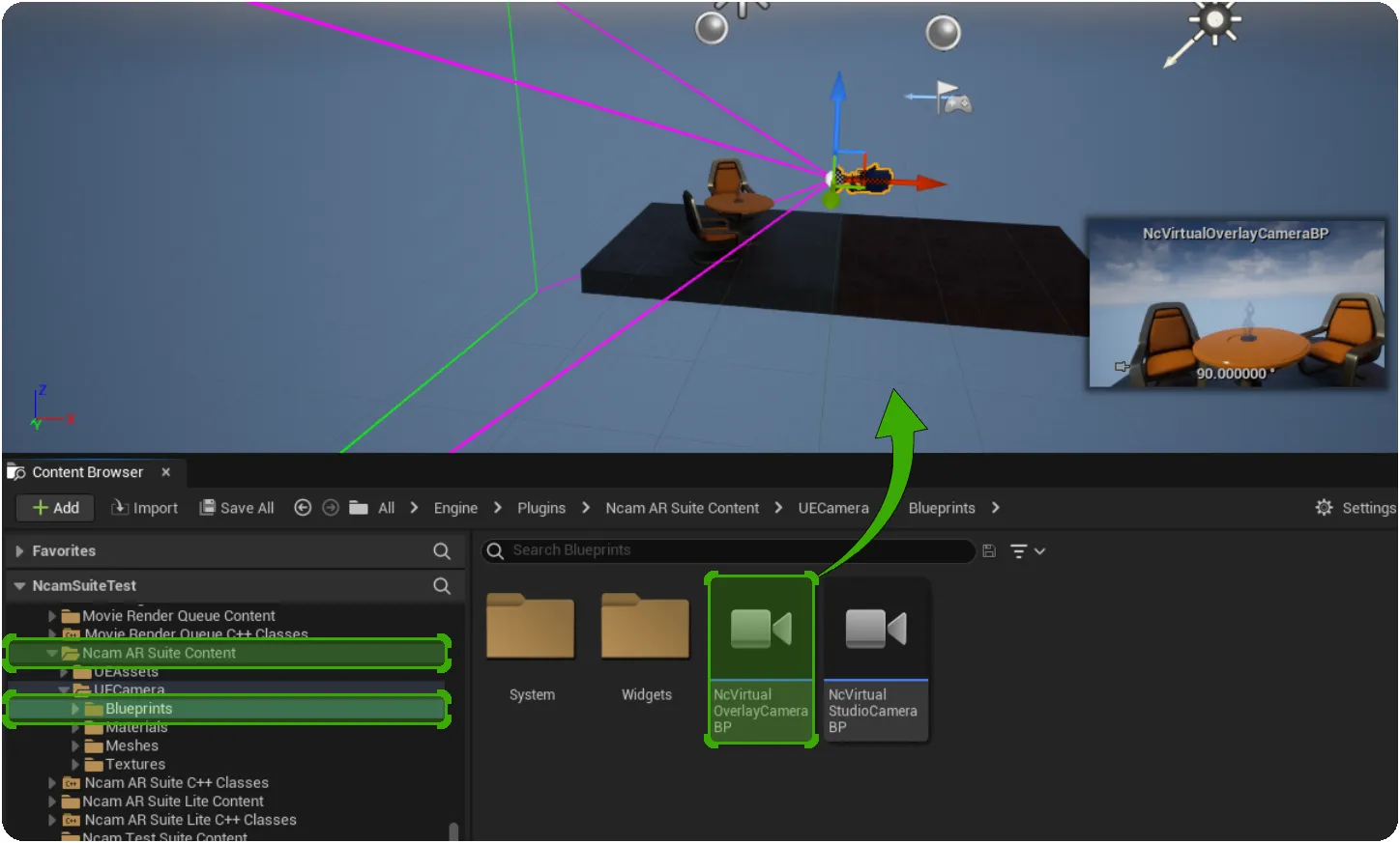 Drag-dropping an Ncam AR Suite virtual overlay camera into the scene
