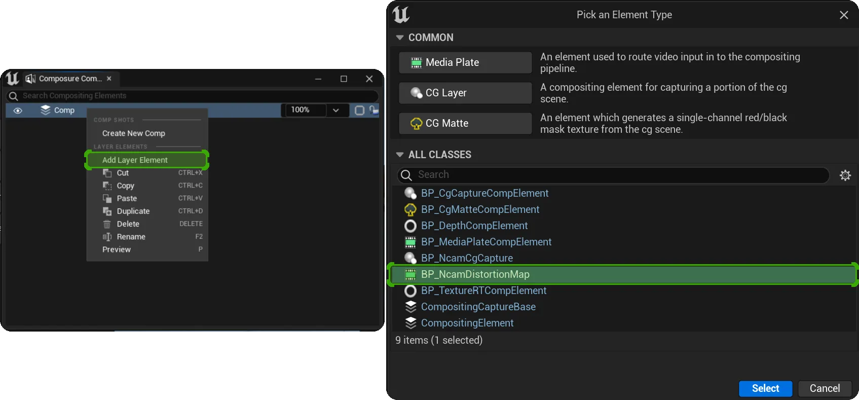 Add a BP_NcamDistortionMap media layer element