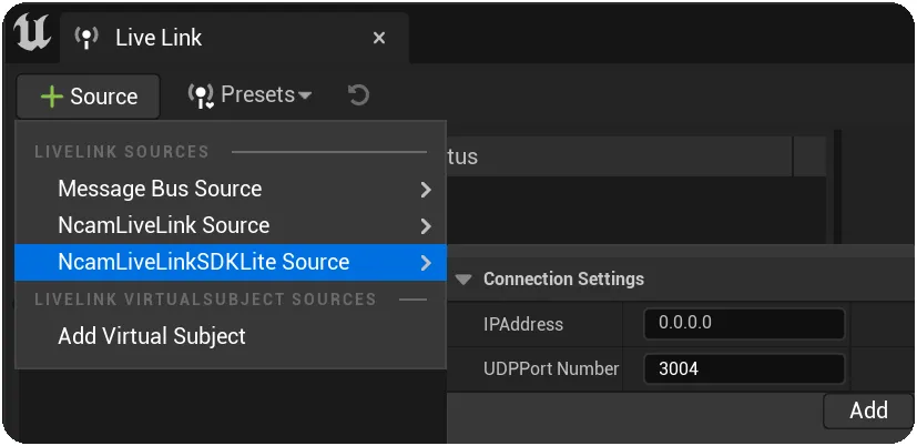 The NcamLiveLinkSDKLite Source Connection Parameters