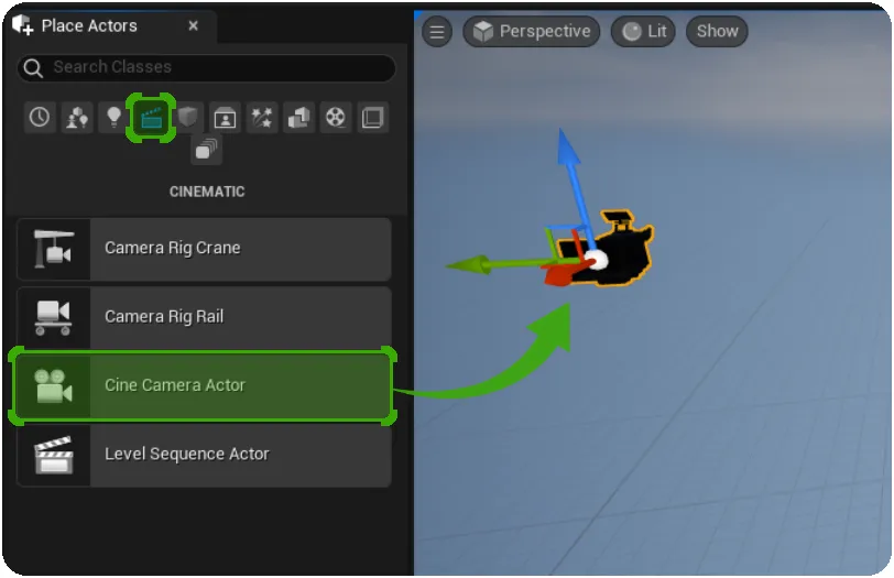 Drag and drop a CineCameraActor into the level