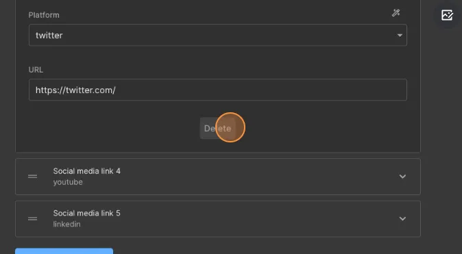 To delete a social link, click the property and select 'Delete'