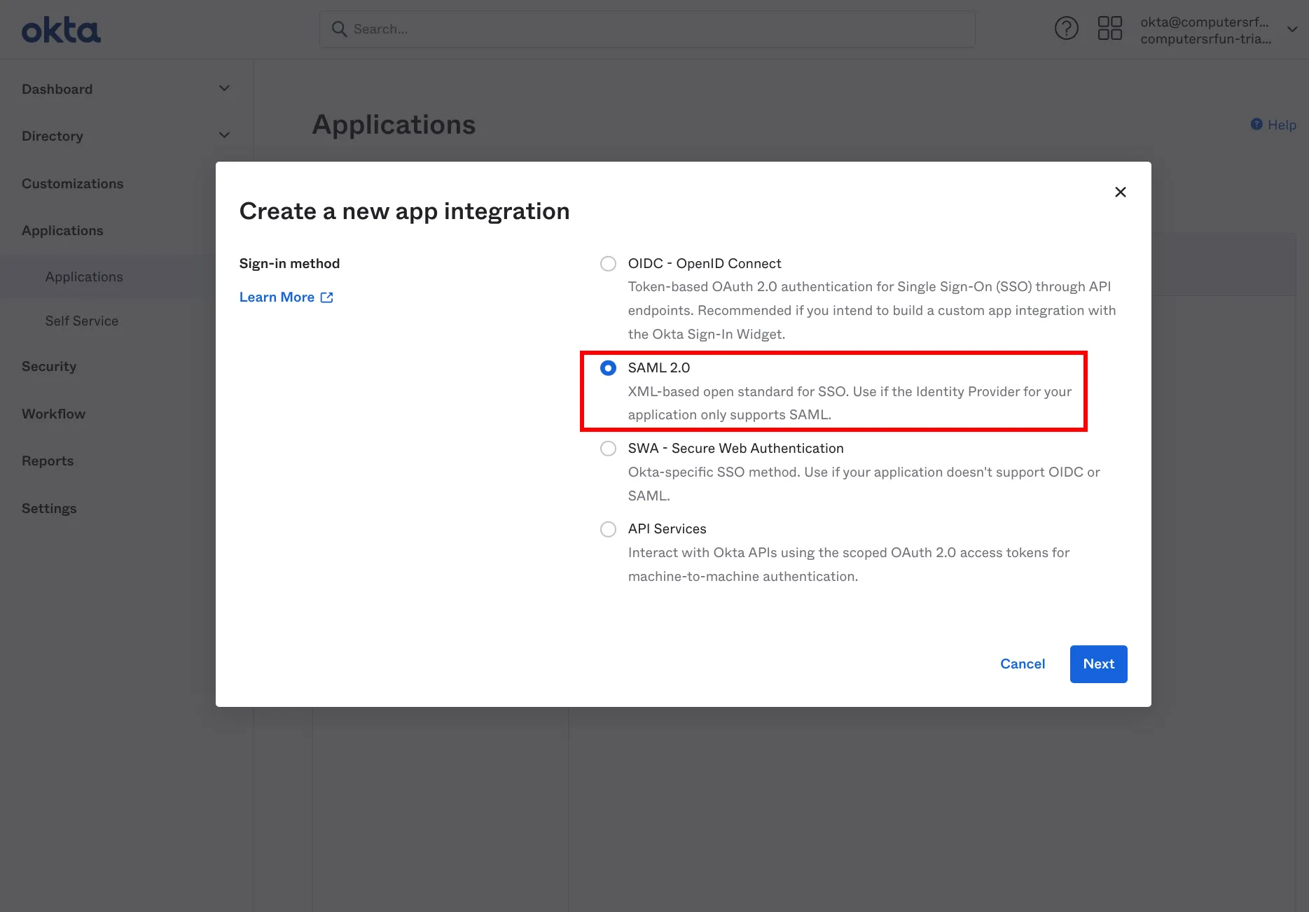 Select SAML 2.0 app Select SAML 2.0 app