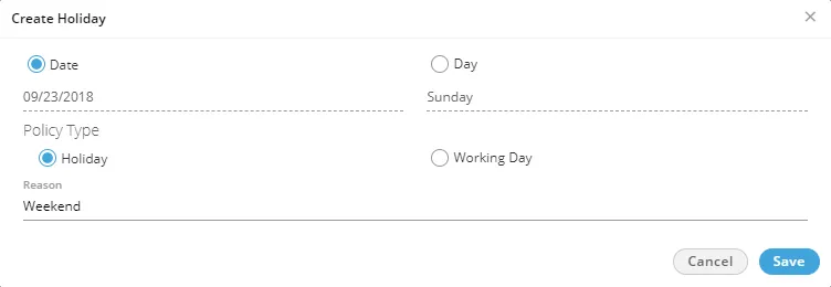 Figure: Create Holiday or Working Day