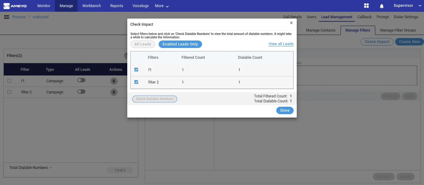 Figure: Option to view the Filtered and Dialed Count across Enabled Leads only in the campaign