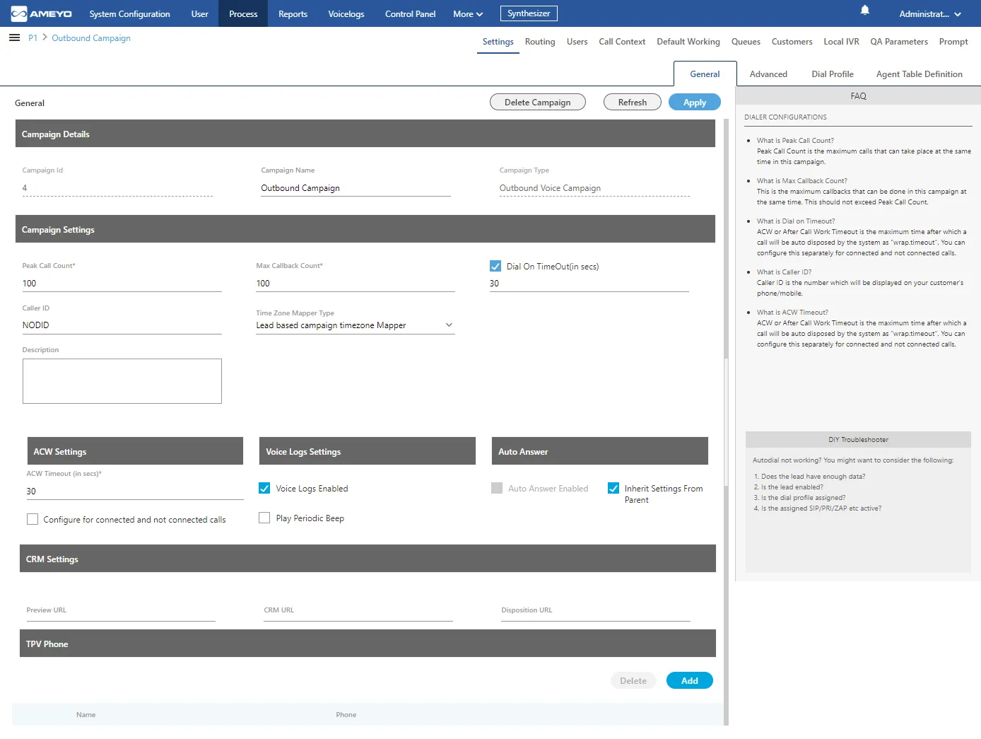 Figure: Settings of Outbound Voice Application Campaign