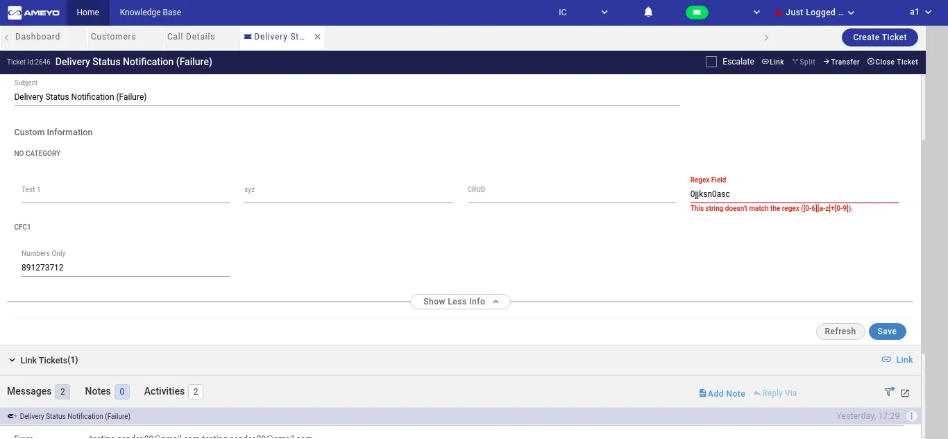 Figure: Inline Error Message for Regex Field on Agent Console