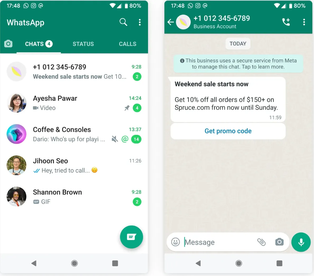 How a business account phone number appears to customers on WhatsApp