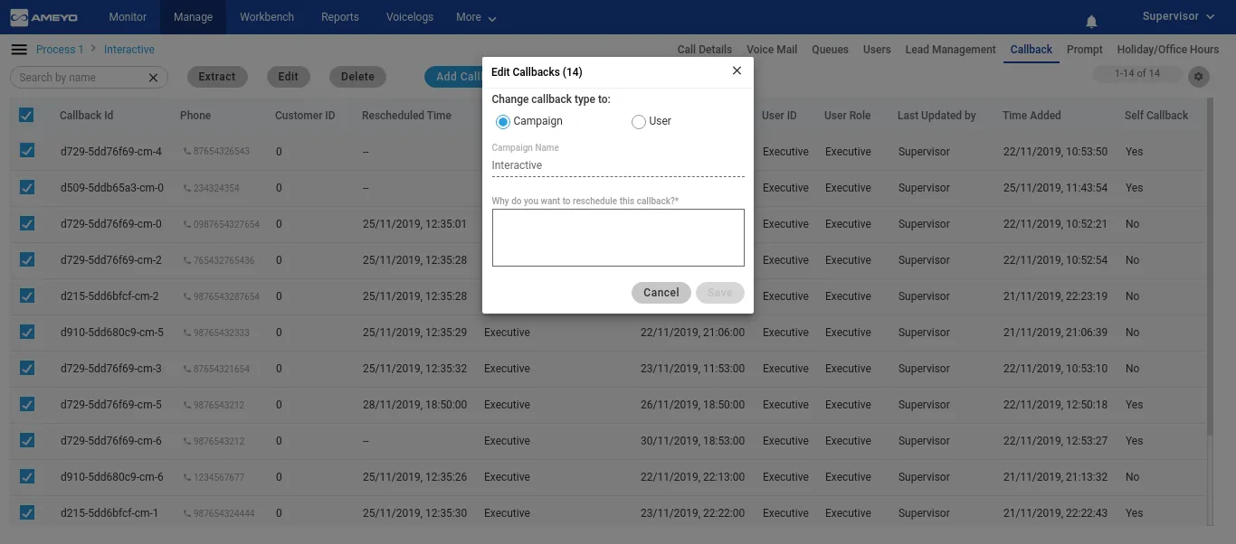 Figure: Bulk Edit of Callbacks